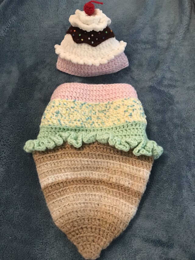 Sweet Ice Cream Cone Crochet Baby Cocoon / Sleep Sack with Cap - Newborn to 4 Months