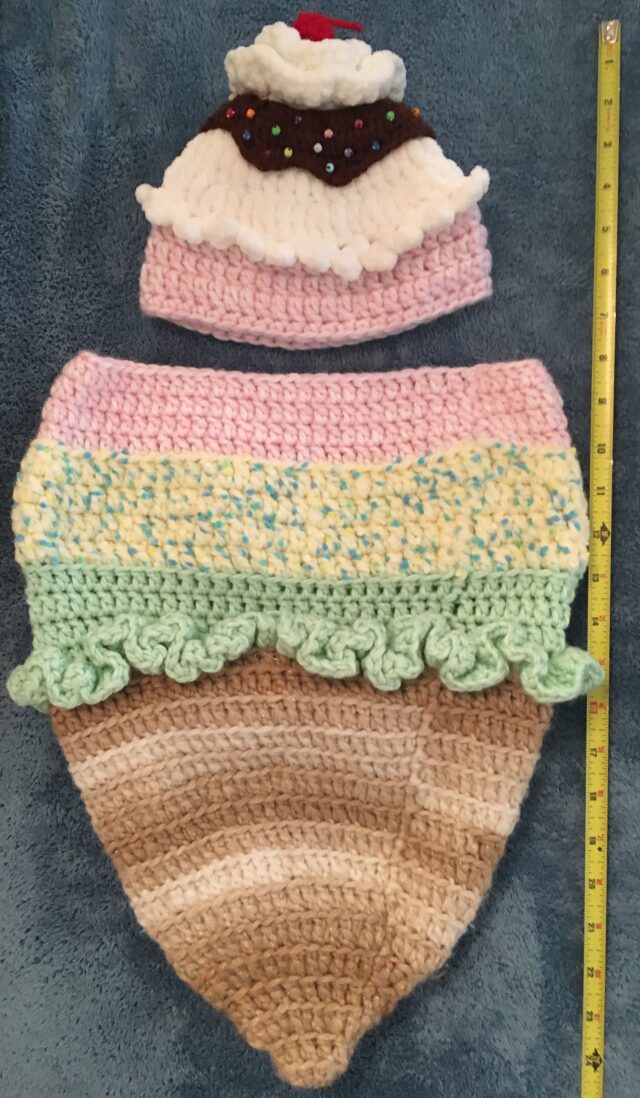 Sweet Ice Cream Cone Crochet Baby Cocoon / Sleep Sack with Cap - Newborn to 4 Months